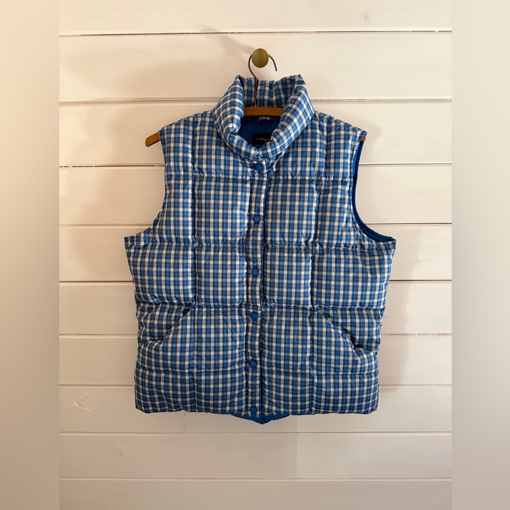 NEW Lands' End Blue Plaid Snap Front Down Puffer Vest Women Sz MEDIUM
